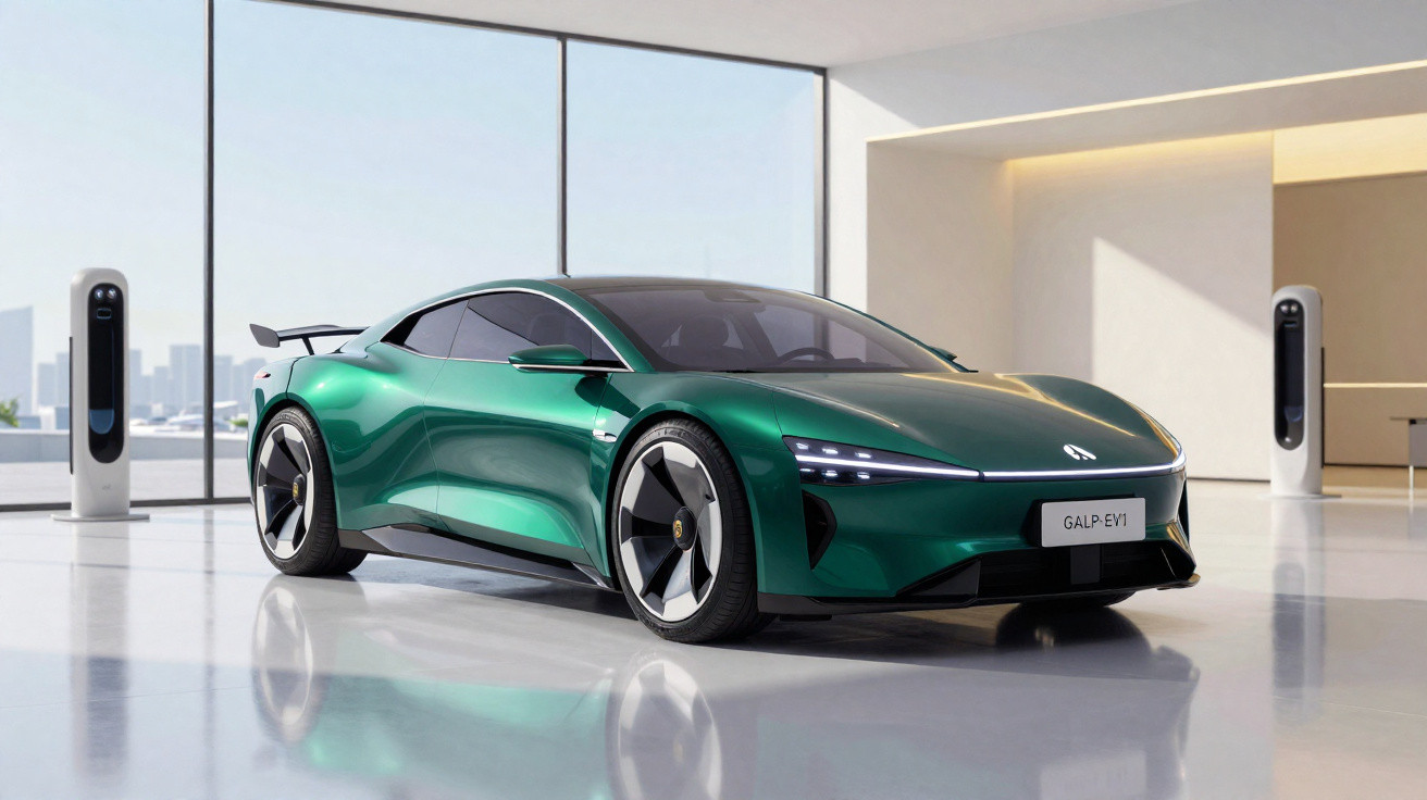 Carro esportivo elétrico verde em showroom moderno com carregadores elétricos ao fundo.