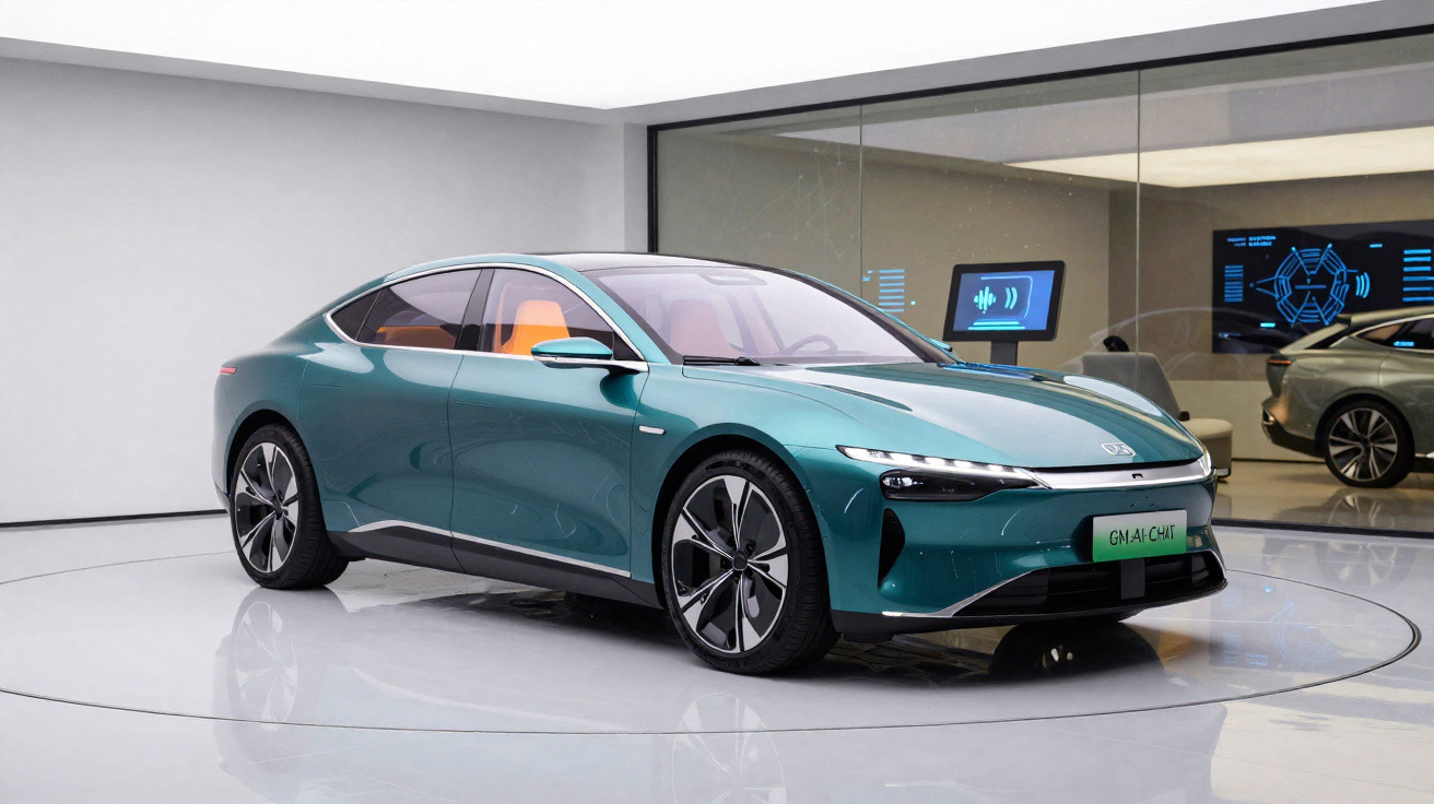 Carro elétrico esportivo verde em exposição interna com design moderno e interior laranja.