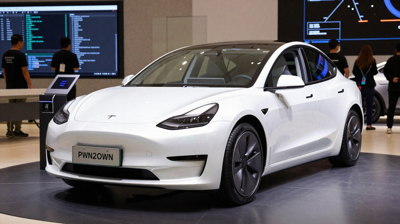 Carro elétrico branco Tesla Model 3 exposto em salão de tecnologia com pessoas ao fundo.