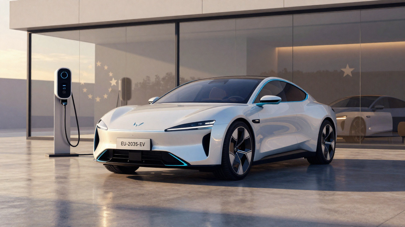 Carro elétrico branco modelo esportivo estacionado ao lado de estação de recarga moderna em ambiente minimalista.