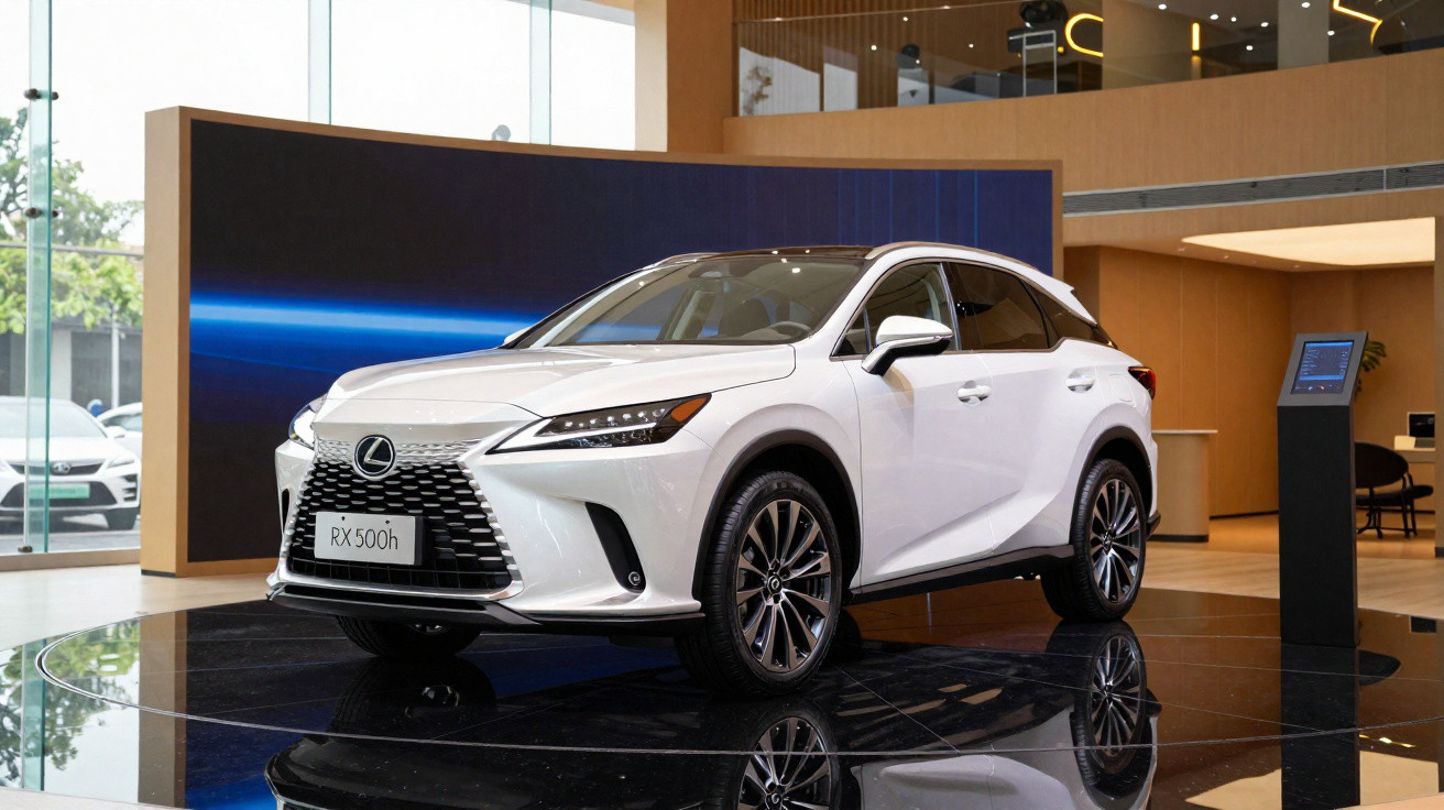 Carro branco Lexus RX 500h em exposição moderna com piso espelhado e painel de LED azul.