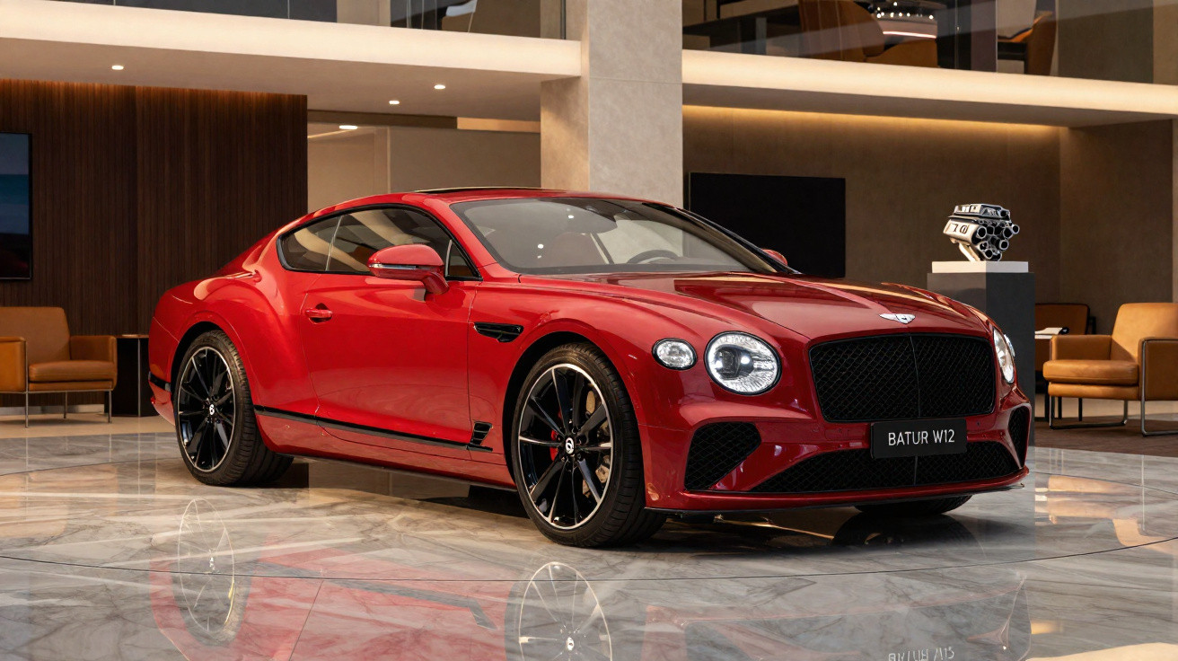 Carro esportivo vermelho Bentley Batur W12 estacionado em showroom moderno com piso de mármore e poltronas.