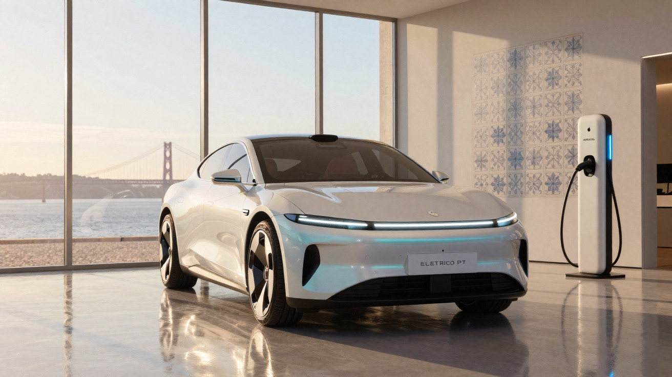 Carro elétrico branco estacionado em ambiente interno com carregador e janela com vista para ponte e rio.