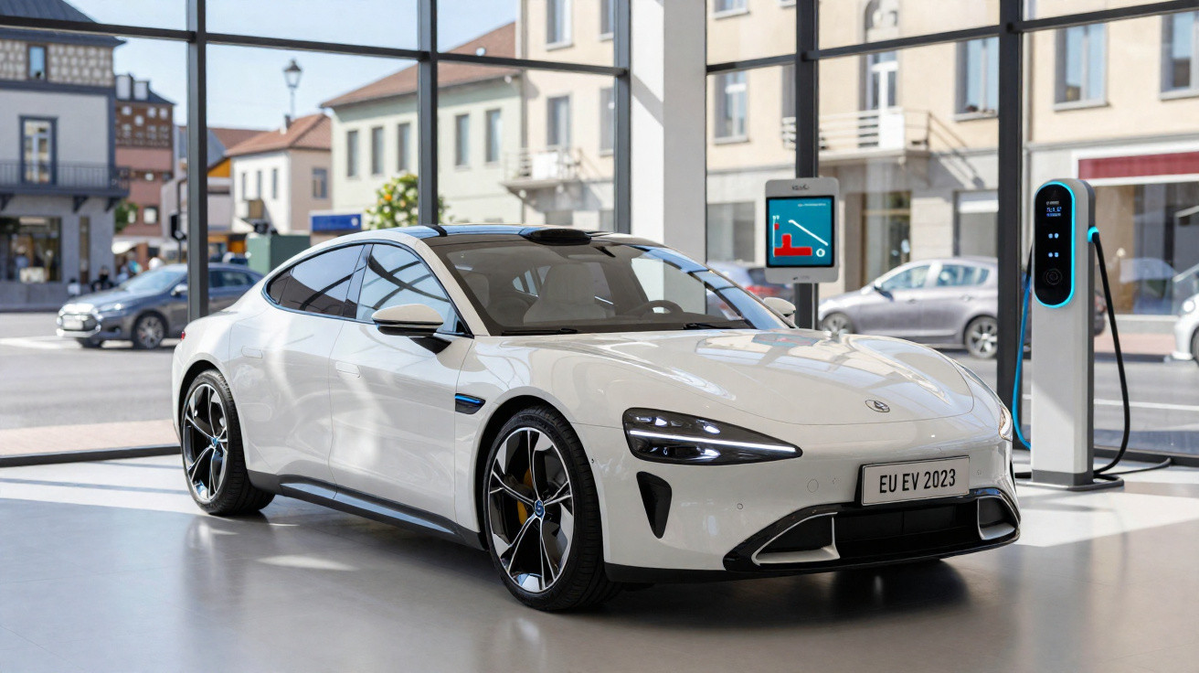 Carro elétrico branco estacionado em loja moderna com carregador elétrico ao lado e janelas grandes.