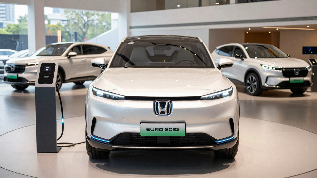 Carro elétrico branco Honda em destaque, conectado a estação de recarga, exibido em showroom moderno.