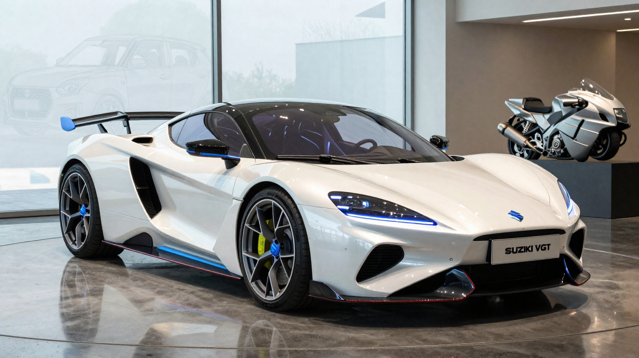 Carro esportivo branco Suzuki VGT com detalhes azuis em exposição, com moto prata ao fundo.