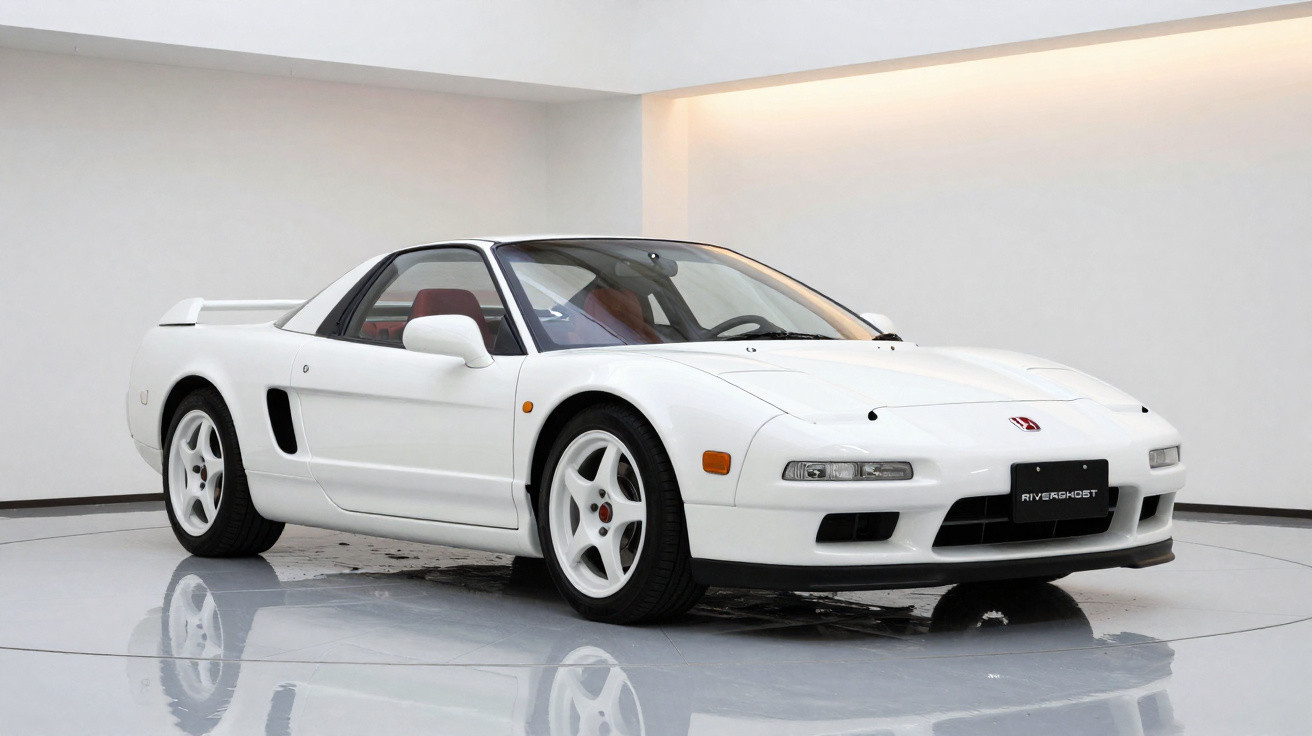 Carro esportivo branco, modelo clássico, em ambiente interno com piso refletivo.