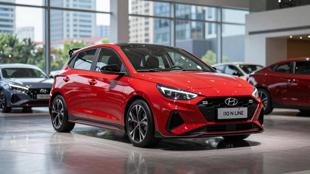 Carro hatchback vermelho Hyundai i10 N Line em showroom com arquitetura moderna ao fundo.