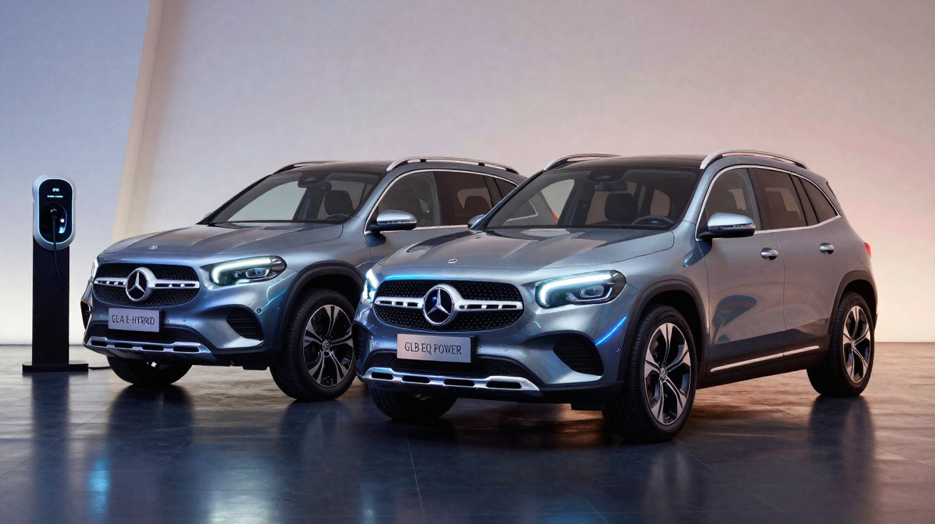 Dois SUVs Mercedes-Benz elétricos cinza prata estacionados em ambiente interno com carregador ao lado.