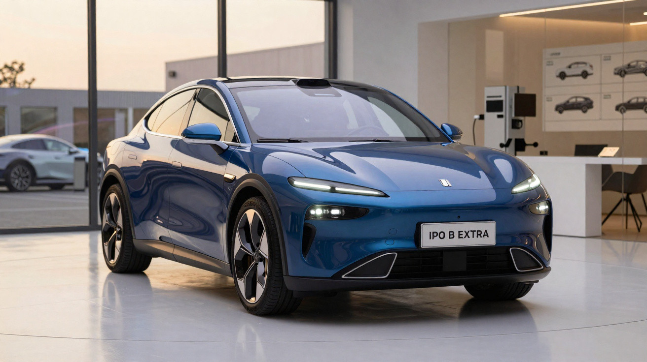 Carro elétrico azul exibido em showroom moderno com luzes dianteiras acesas e placas "IPO B EXTRA".