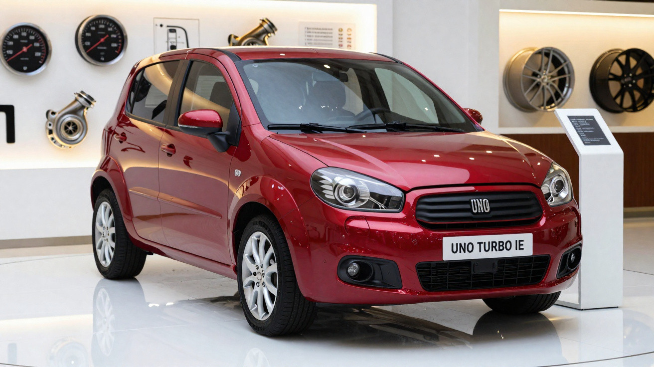 Carro compacto vermelho Fiat Uno Turbo IE exposto em sala com decoração automotiva ao fundo.
