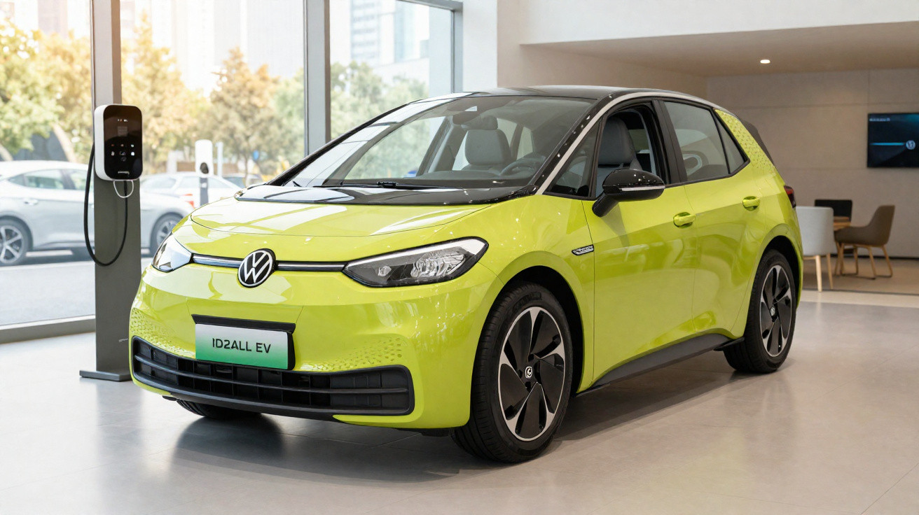 Carro elétrico Volkswagen ID.2 All EV verde limão em showroom moderno com carregador ao lado.