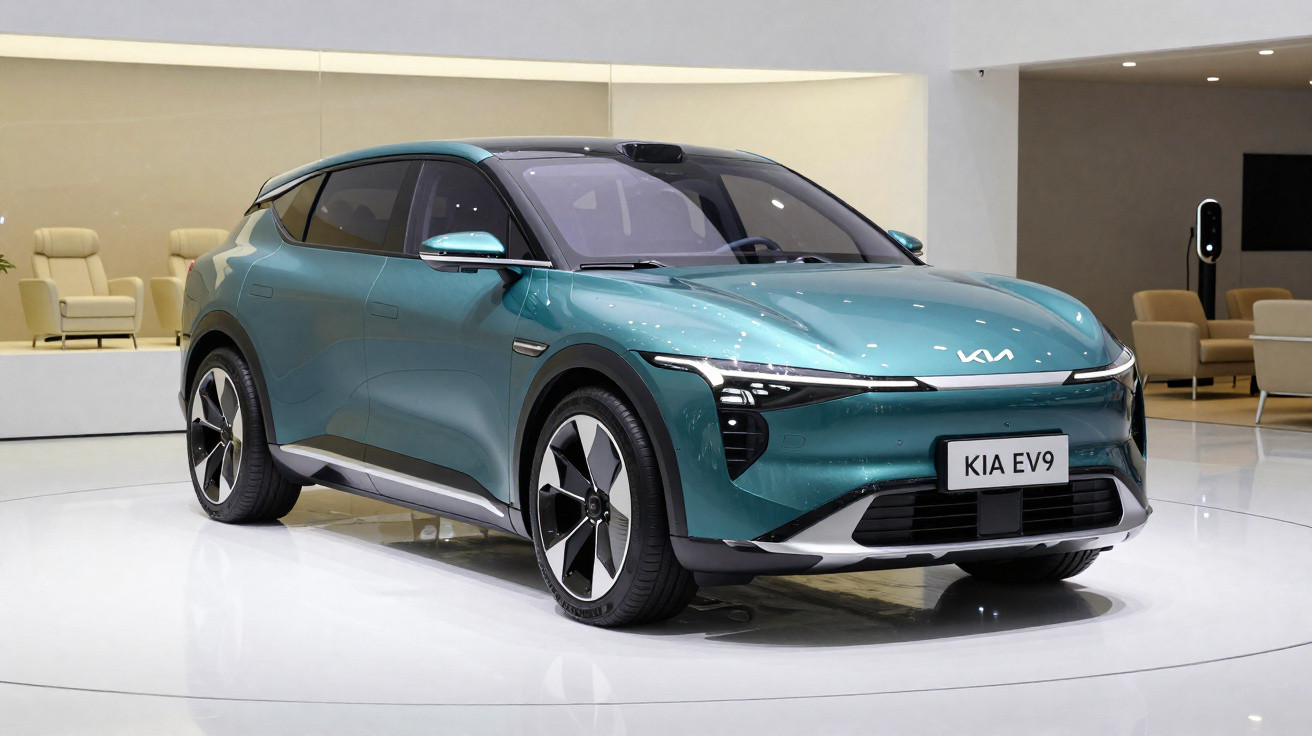 Carro elétrico Kia EV9 verde exposto em ambiente interno moderno e iluminado.