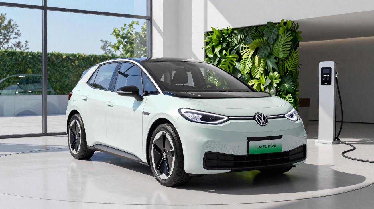 Carro elétrico Volkswagen ID.2 Future branco estacionado em ambiente interno com carregador elétrico e plantas ao fundo.