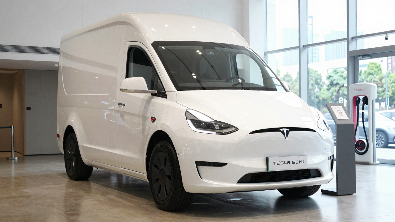 Van elétrica branca Tesla Semi em showroom com estação de carregamento ao fundo.
