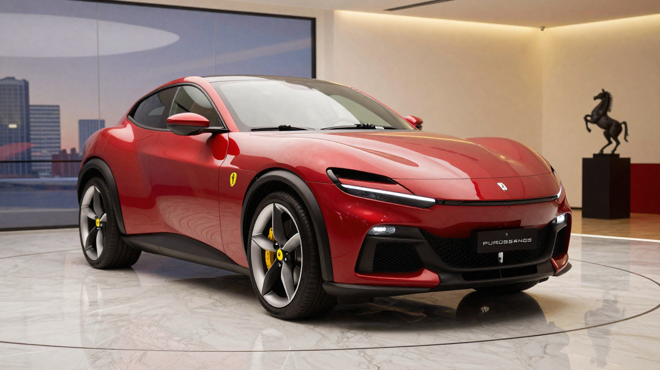 Carro esportivo elétrico vermelho Ferrari Purosangue em showroom moderno com piso de mármore.