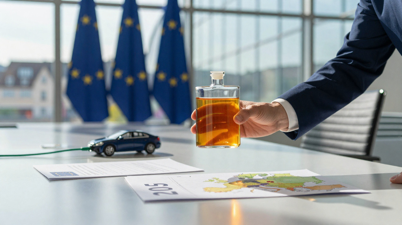Mão segurando frasco com líquido âmbar ao lado de mini carro elétrico e mapas na mesa, com bandeiras da UE ao fundo.