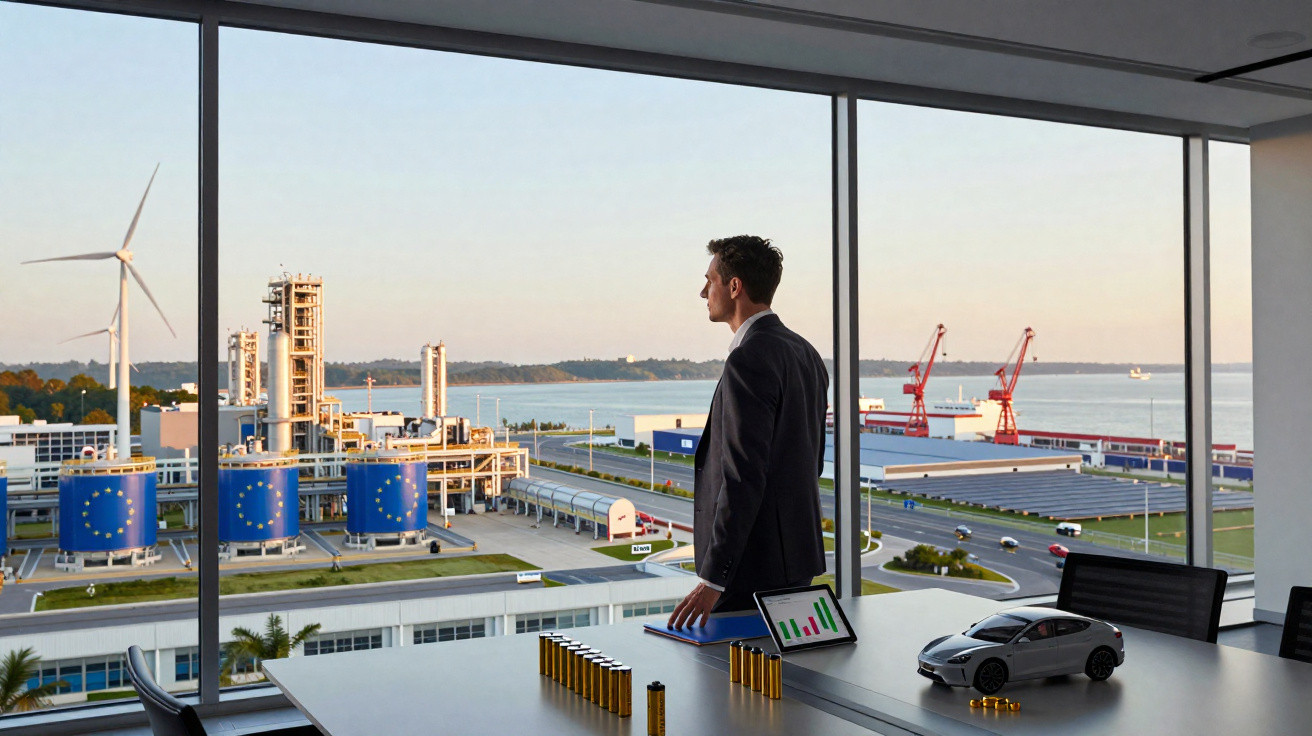 Homem de terno observa indústria com turbinas eólicas, tanques e porto através de janela ampla.