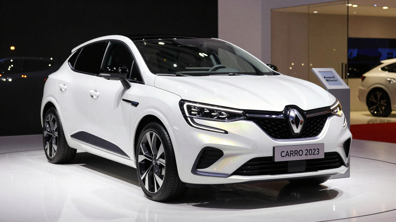 Carro branco Renault 2023 em exposição, com design moderno e iluminação interna visível.