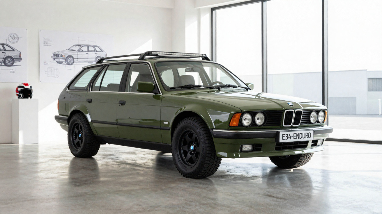 Carro BMW E34 Touring verde militar com pneus off-road em ambiente interno com janelas grandes.