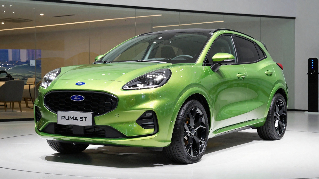 Carro SUV Ford Puma ST verde metálico exibido em ambiente moderno e iluminado.