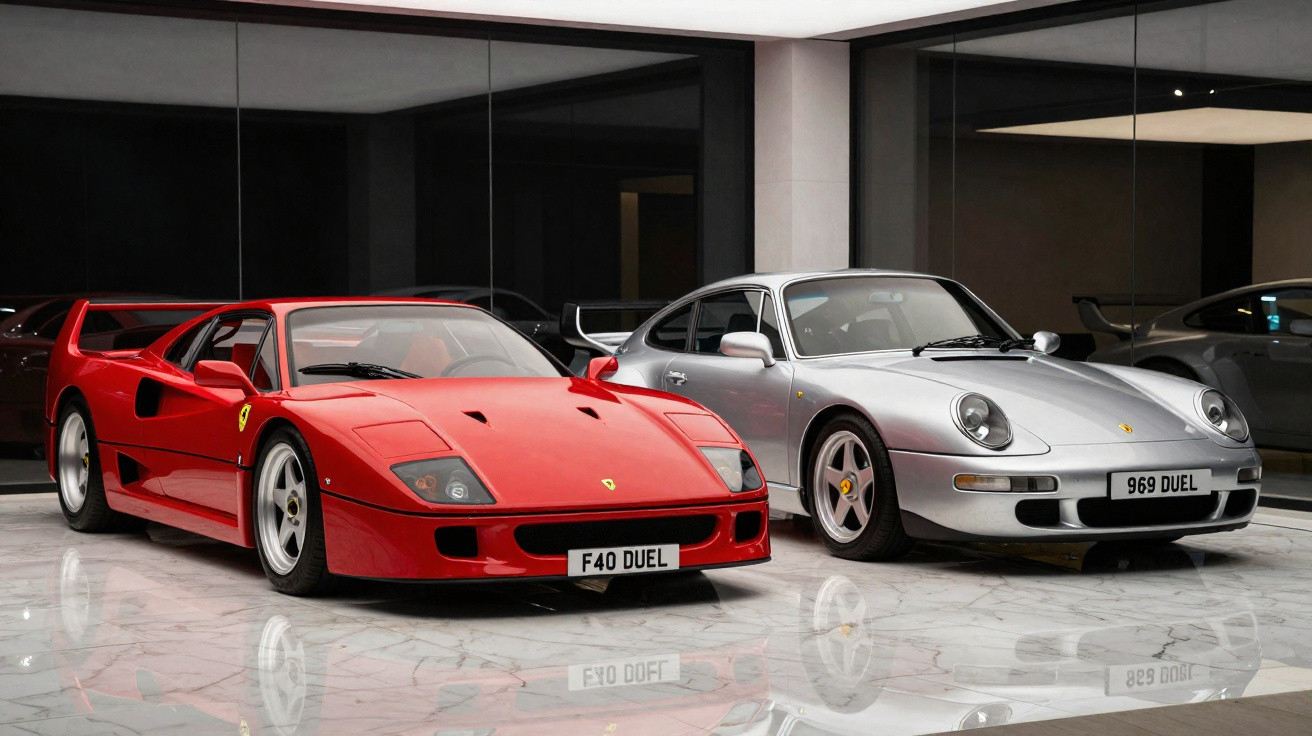 Dois carros esportivos clássicos, Ferrari F40 vermelha e Porsche 911 prata, estacionados em piso de mármore.