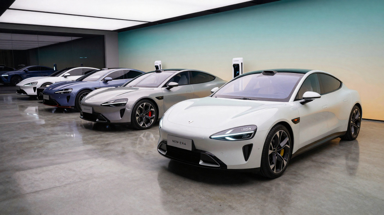 Cinco carros elétricos esportivos estacionados em garagem moderna com carregadores ao fundo.
