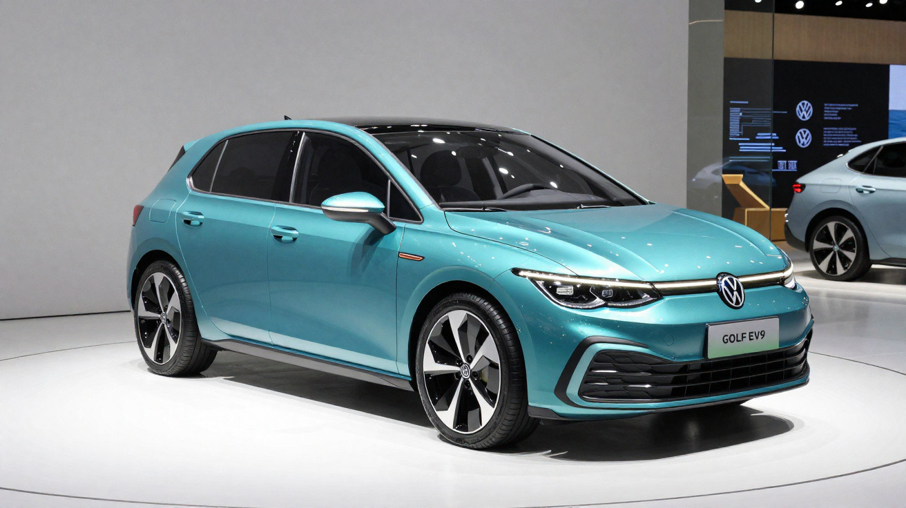 Carro Volkswagen Golf EV9 elétrico azul exposto em salão com piso branco e fundo neutro.