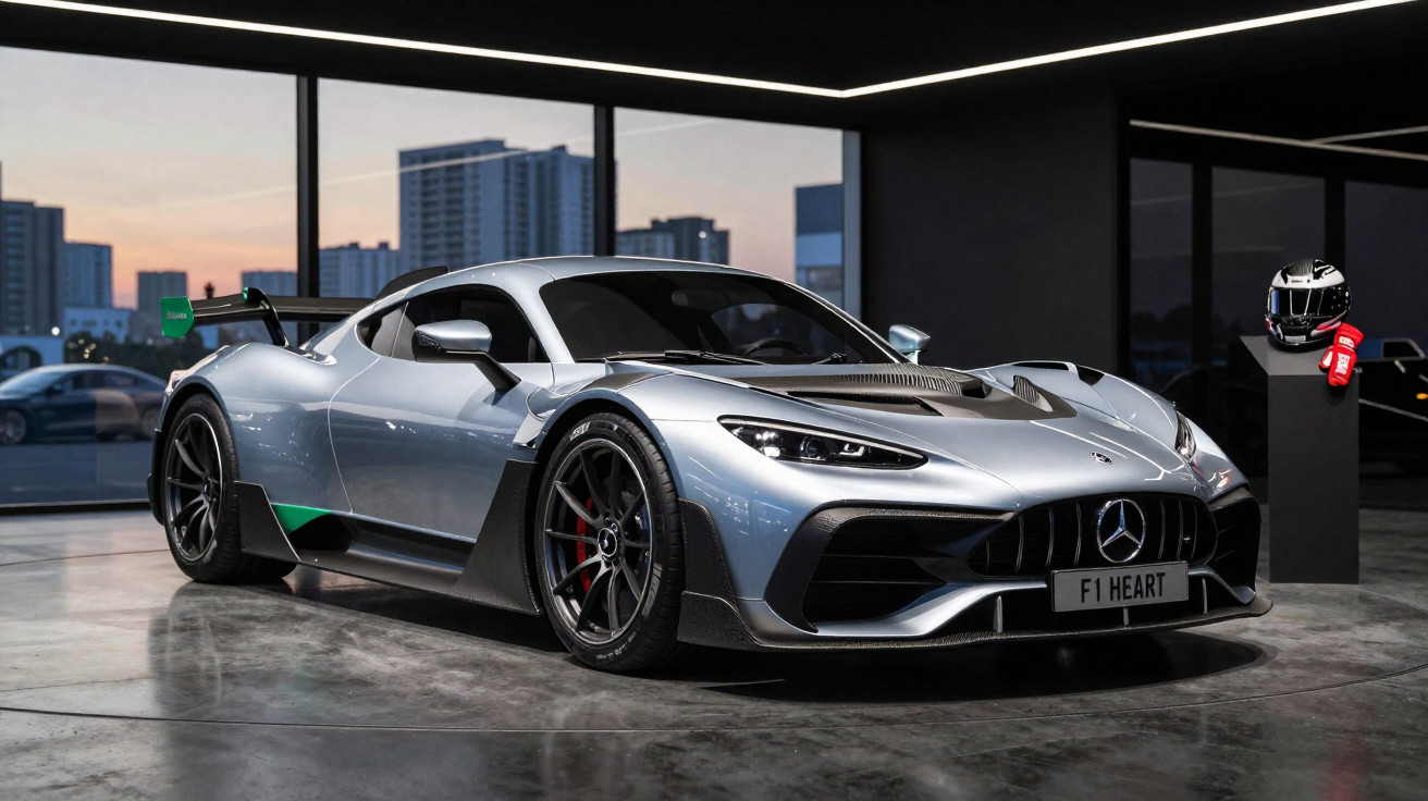 Carro esportivo Mercedes-AMG prata estacionado em garagem moderna com capacete e luvas ao fundo.