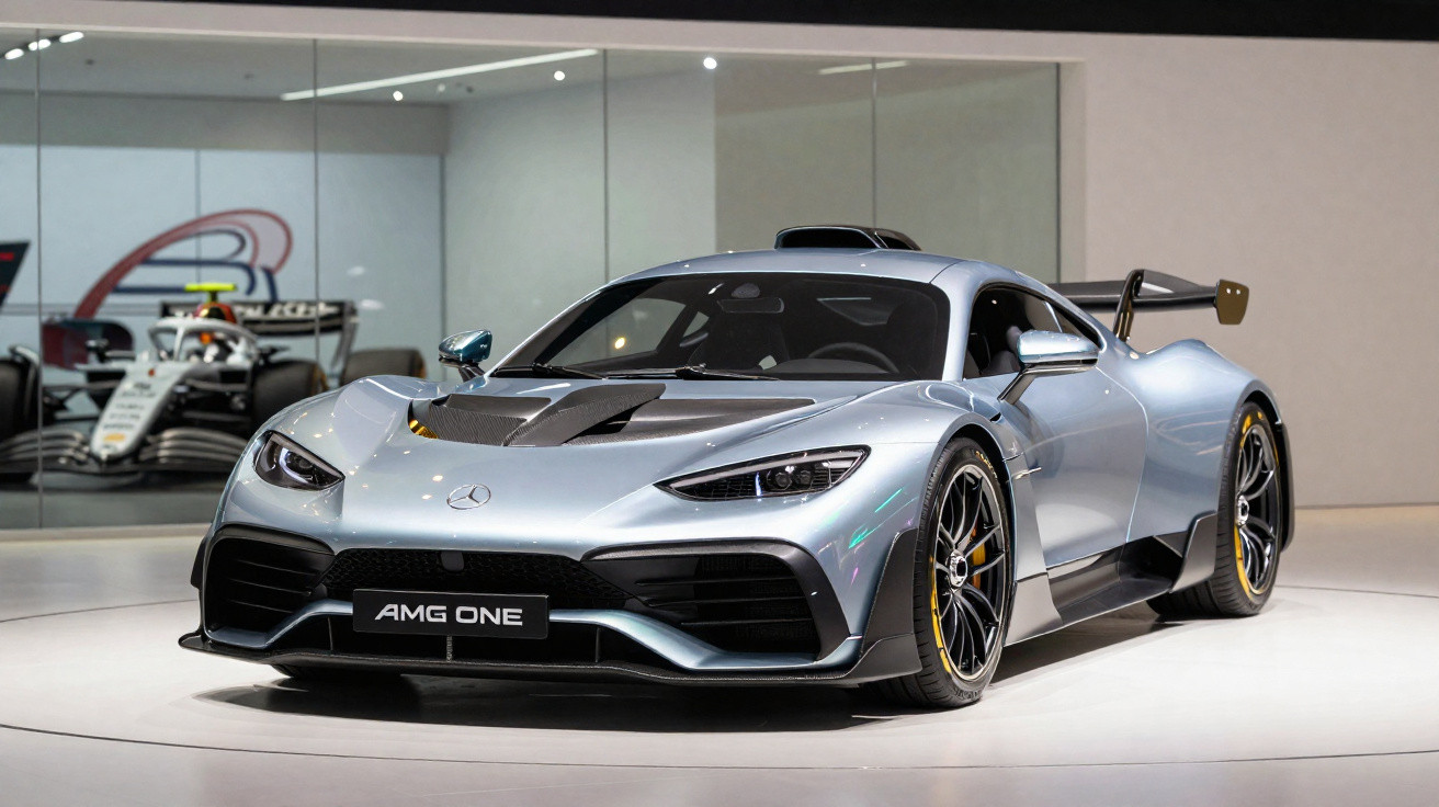 Carro esportivo Mercedes AMG One prata exibido em salão com carro de Fórmula 1 refletido no vidro ao fundo.