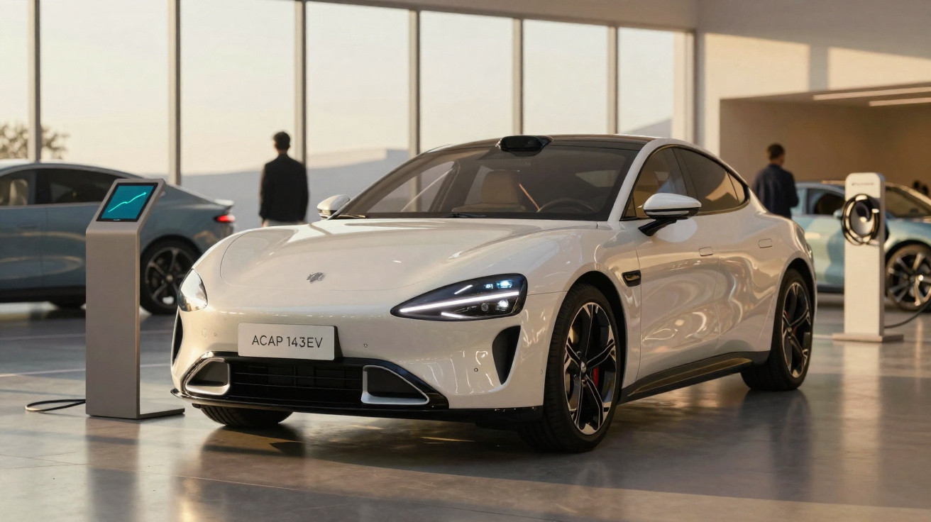 Carro elétrico branco em exposição, conectado a estação de carregamento em ambiente moderno e iluminado.