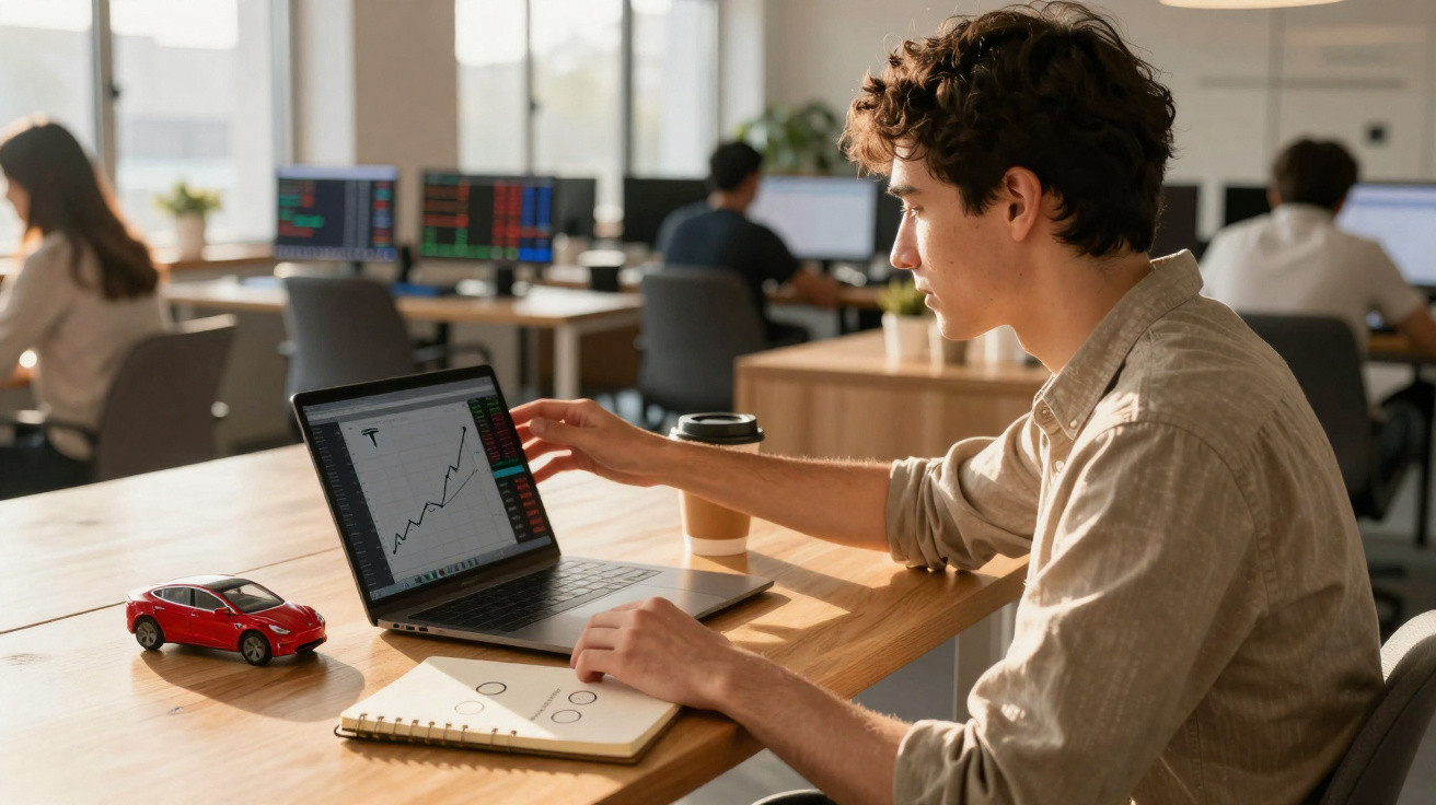 Homem jovem analisando gráficos de crescimento no laptop em escritório moderno com outros trabalhadores ao fundo.