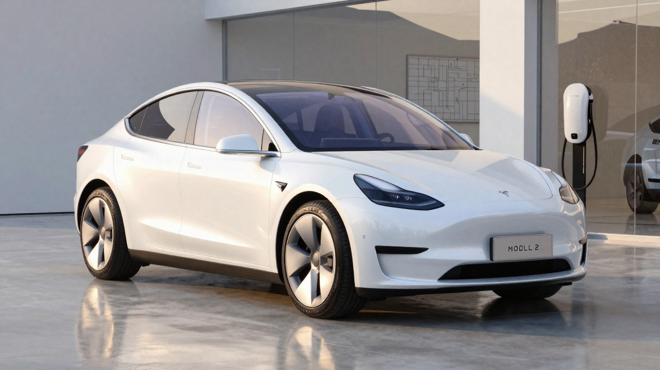 Carro elétrico branco Tesla Model 3 estacionado em garagem moderna com parede cinza e carregador.