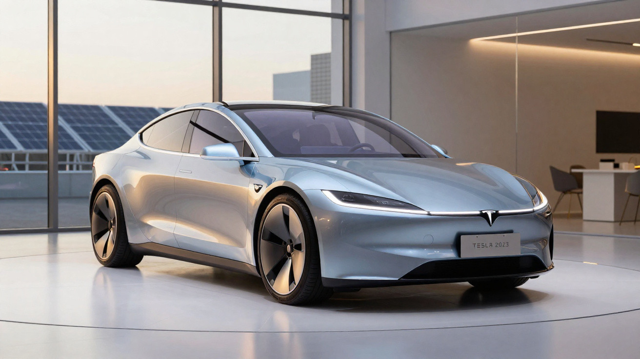 Carro elétrico Tesla prata modelo 2023 em showroom moderno com grandes janelas e iluminação suave.
