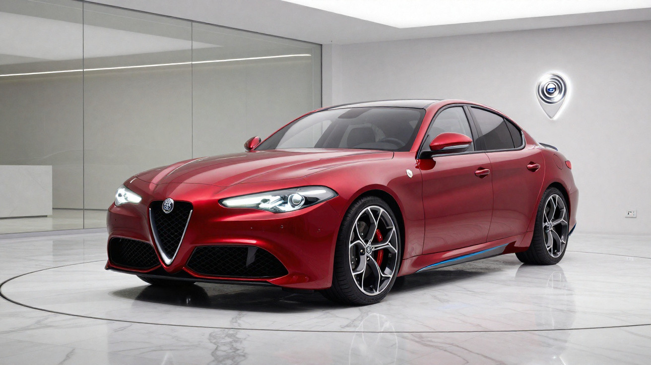Carro esportivo sedã Alfa Romeo Giulia vermelho estacionado em showroom moderno com piso branco.