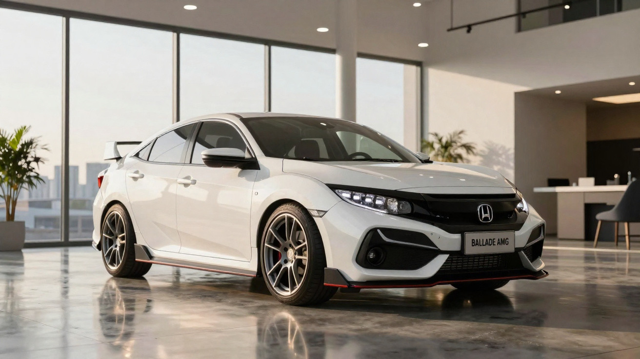 Carro esportivo branco Honda Civic com rodas pretas em showroom moderno com piso refletivo.