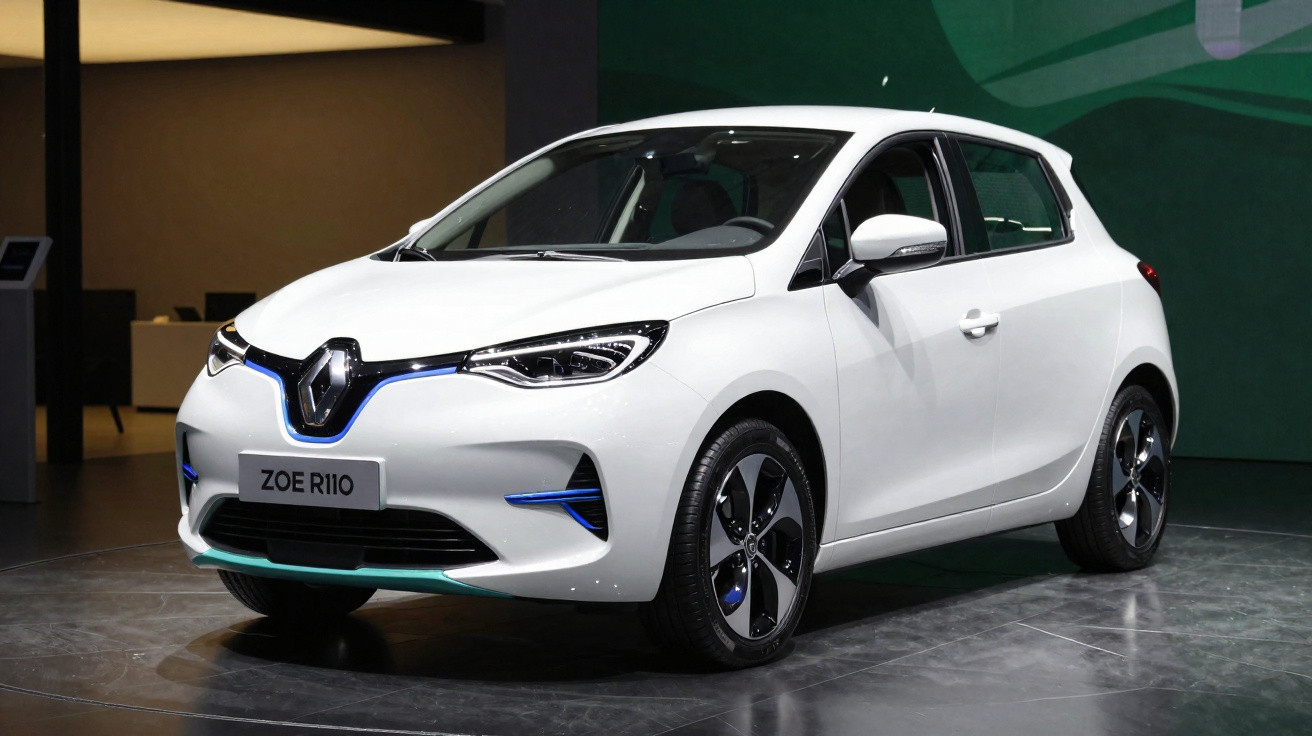 Carro elétrico Renault Zoe R110 branco exibido em salão automotivo com detalhes azuis.