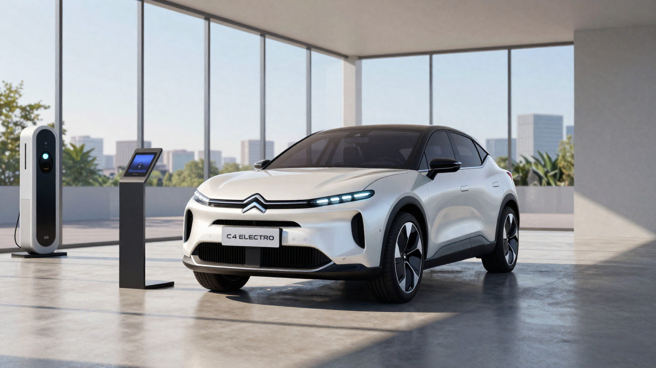 Carro elétrico Citroën C4 Electro branco em sala moderna com estação de carregamento ao lado.