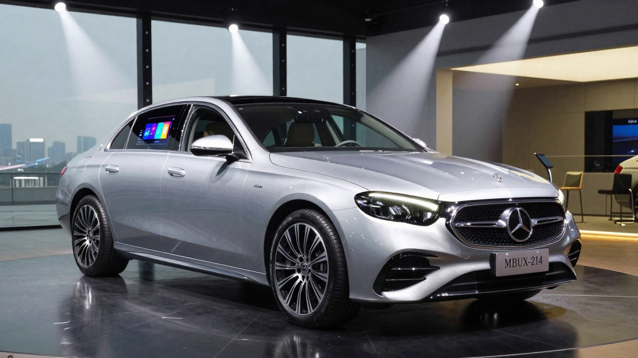 Carro sedan prata Mercedes-Benz modelo MBUX-214 exposto em ambiente interno iluminado.