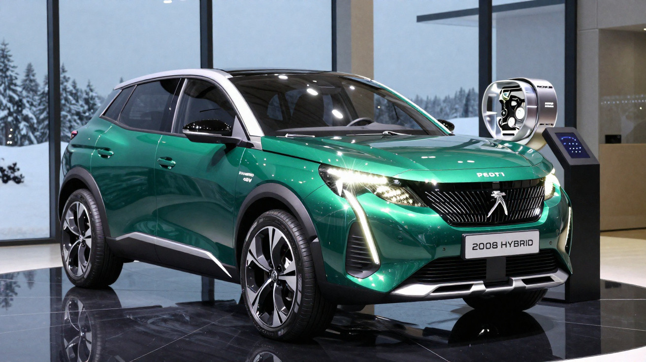 Carro Peugeot 2008 Hybrid verde em exposição, com carregador elétrico e interior moderno ao fundo.