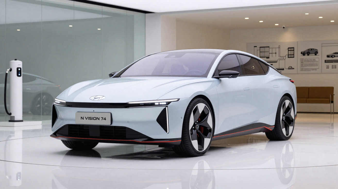 Carro elétrico Hyundai N Vision 74 branco em showroom moderno com estação de recarga ao fundo.