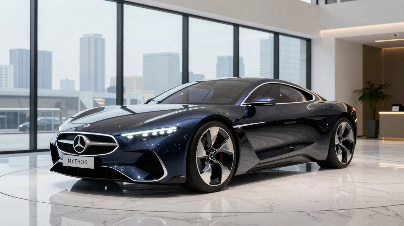 Carro esportivo Mercedes-Benz Mythos preto exibido em showroom com piso de mármore branco.