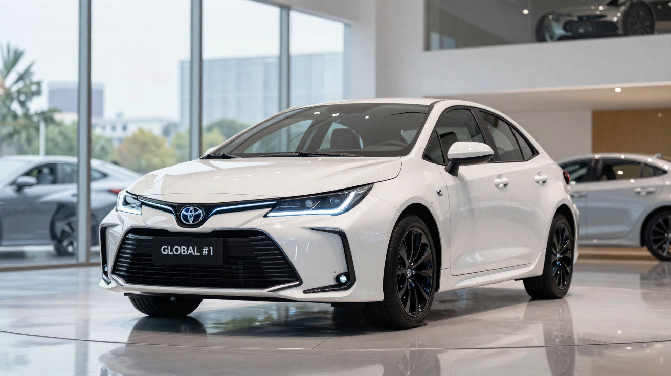 Carro branco Toyota Corolla híbrido exposto em showroom moderno com piso branco e paredes de vidro.