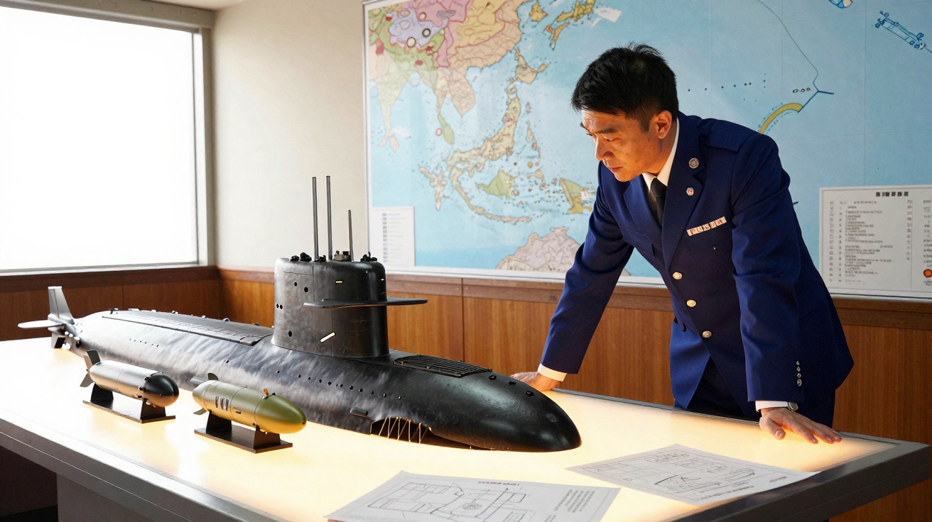 Homem fardado observa modelo detalhado de submarino em mesa iluminada, com mapa-múndi ao fundo.