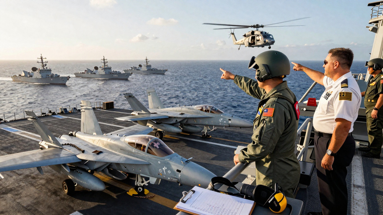 Marinheiros observam helicóptero voando próximo a navios e caças militares em porta-aviões no mar.