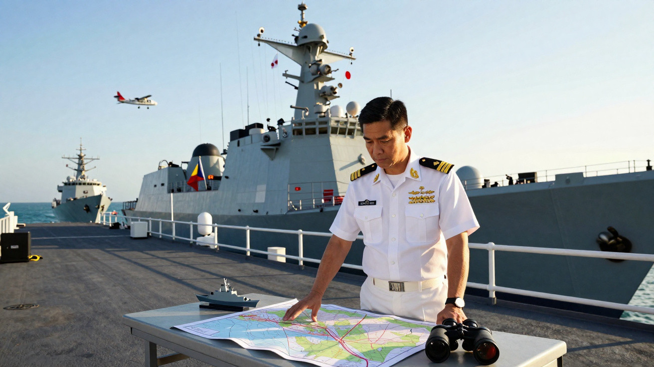 Oficial naval asiático em uniforme branco consultando mapa sobre mesa em convés de navio de guerra.