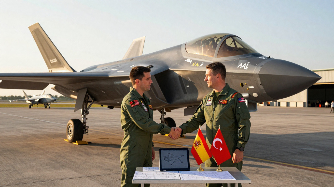 Dois pilotos militares apertam as mãos diante de um caça estacionado, com bandeiras da Espanha e Turquia sobre a mesa.