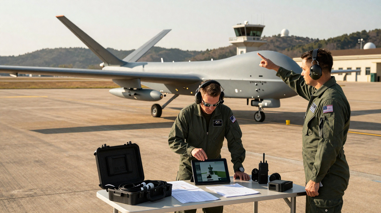 Dois homens em uniforme militar operam drone militar cinza em pista de aeroporto, com equipamentos e documentos numa mesa.