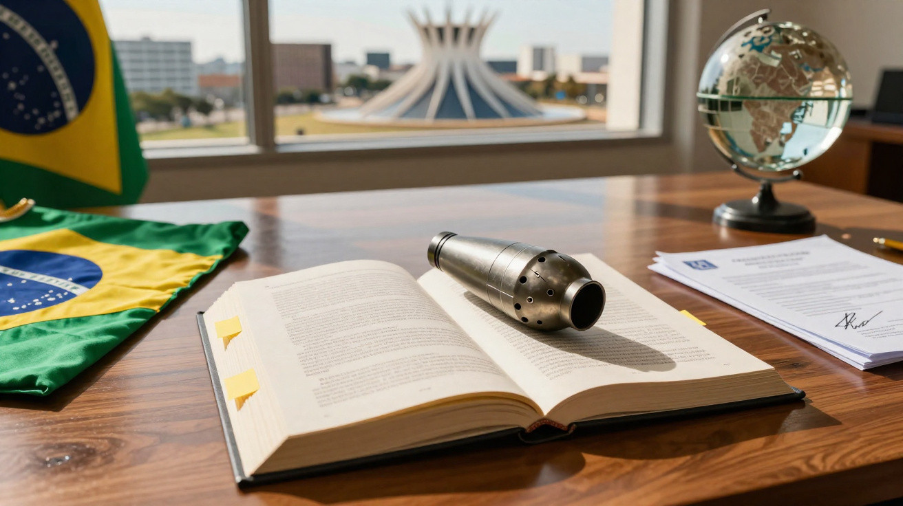 Livro aberto com objeto metálico, bandeira do Brasil, documento assinado, globo terrestre e Catedral de Brasília ao fundo.