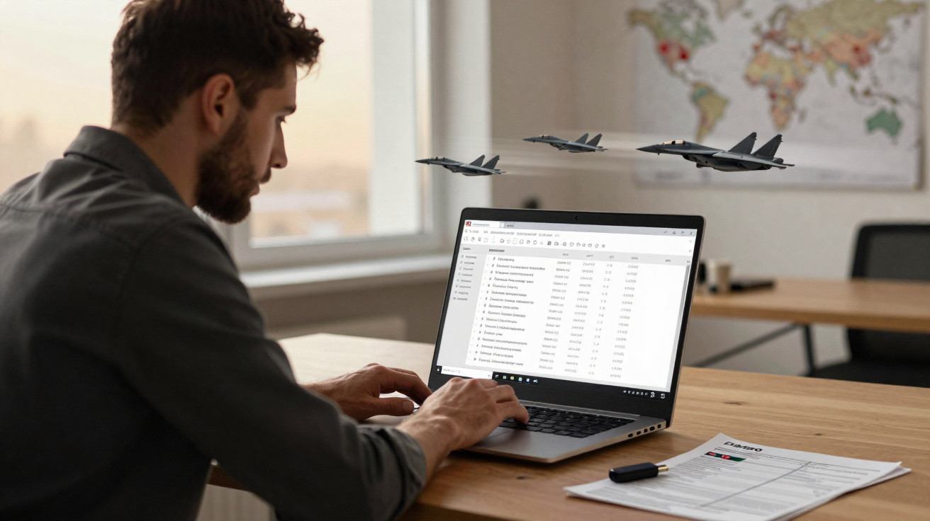 Homem trabalhando em laptop em escritório com mapas e miniaturas de aviões em cima da mesa.